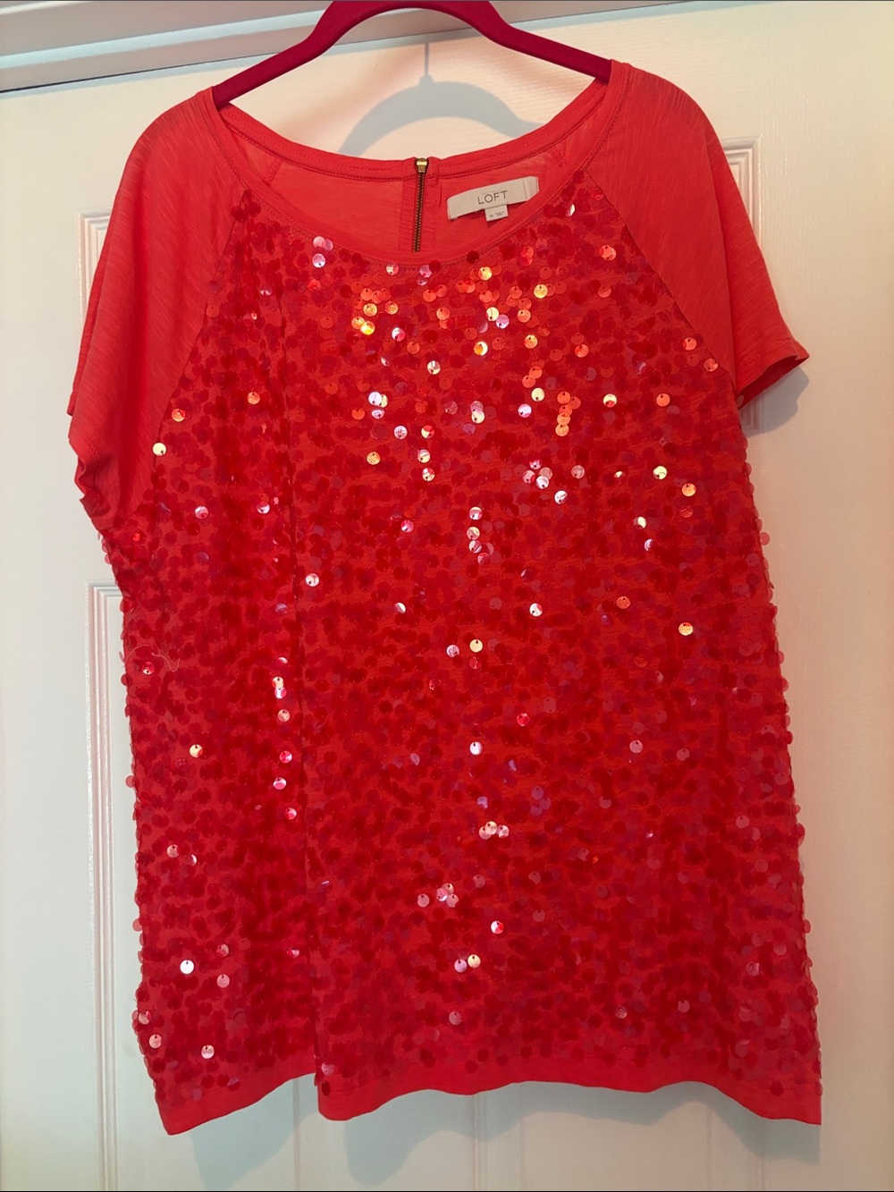 LOFT Bright Orange Red Sequined Short Sleeve Tee